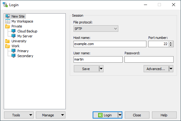 WinSCP Login dialog with saved sites and SFTP session fields